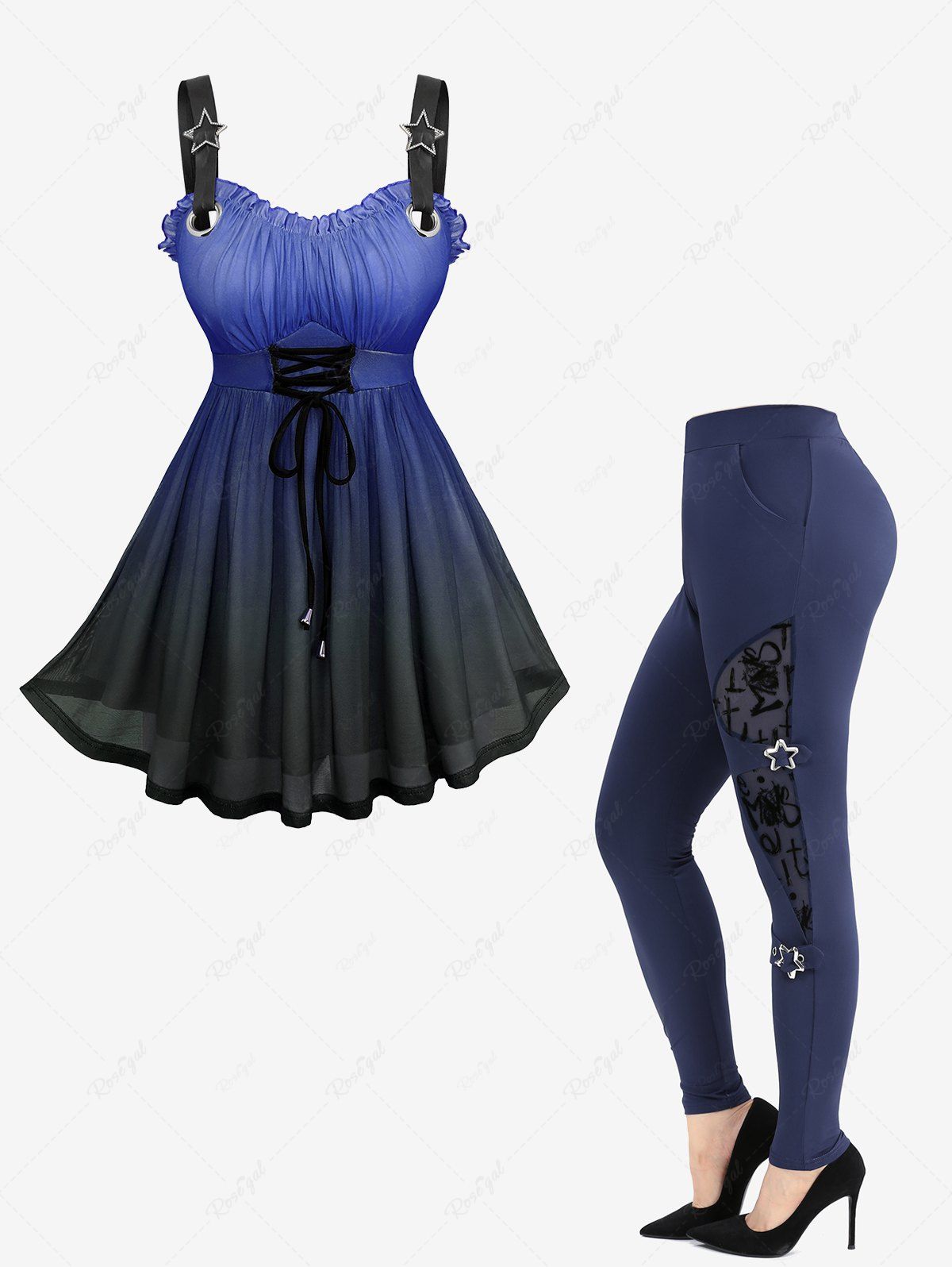 Cheap Ombre Printed Lace Up Tank Top and Flocking Mesh Pockets Leggings Plus Size Outfit  