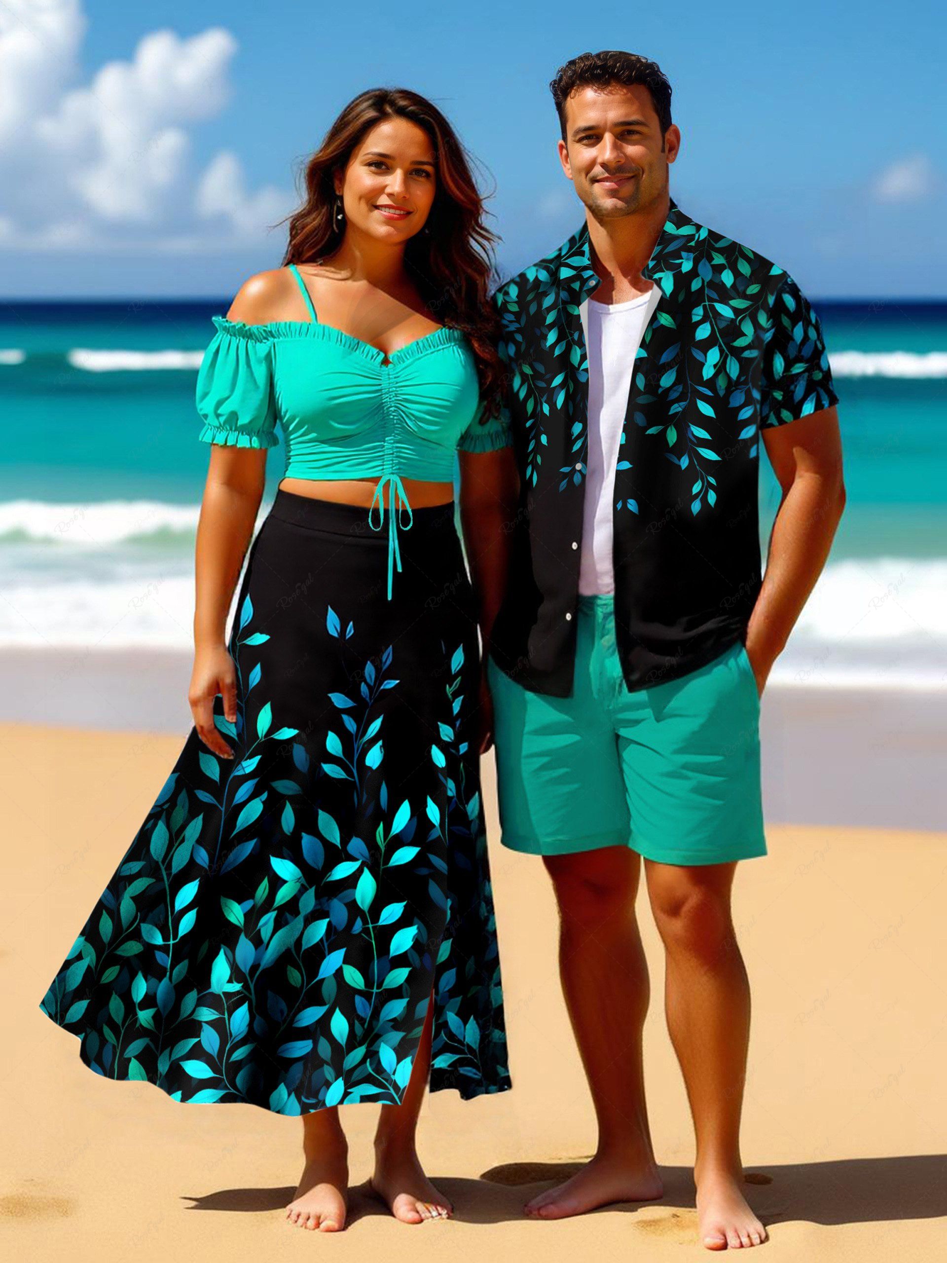 Shops Vine Leaf Print Plus Size Matching Hawaii Beach Outfit For Couples  