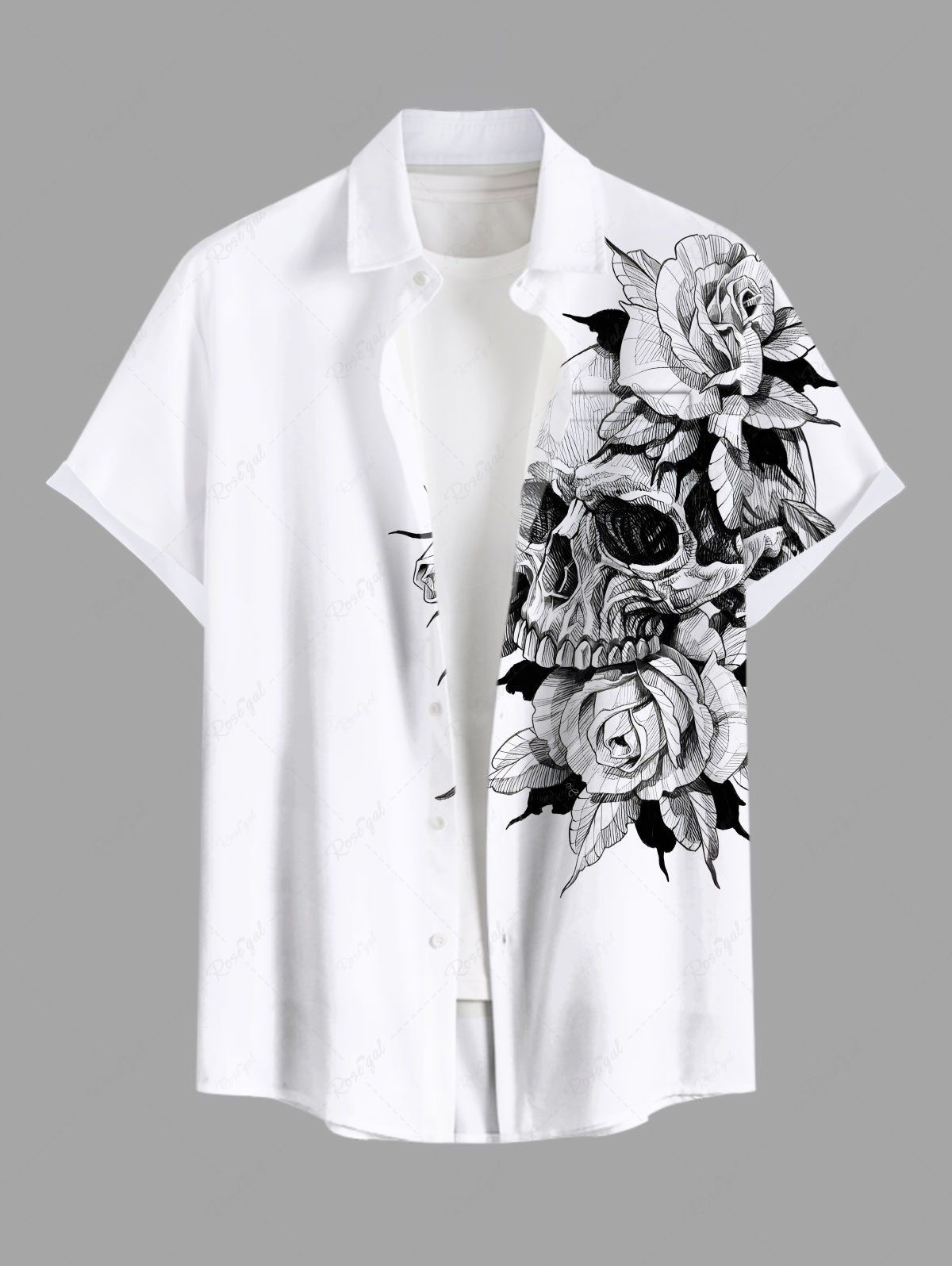 Chemise grande taille à boutons et poches pour homme, avec imprimé tête de mort et roses Blanc XL