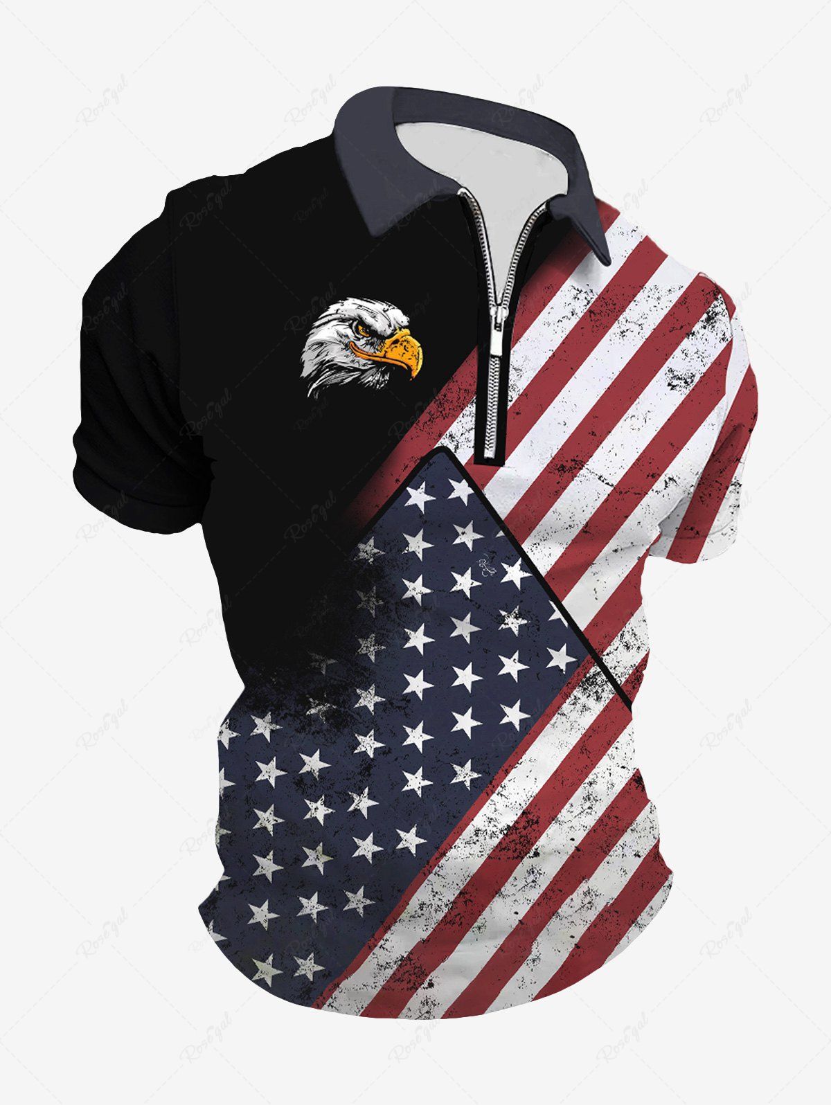 Fashion Plus Size Patriotic American Flag Eagle Print Zipper Polo Shirt For Men  
