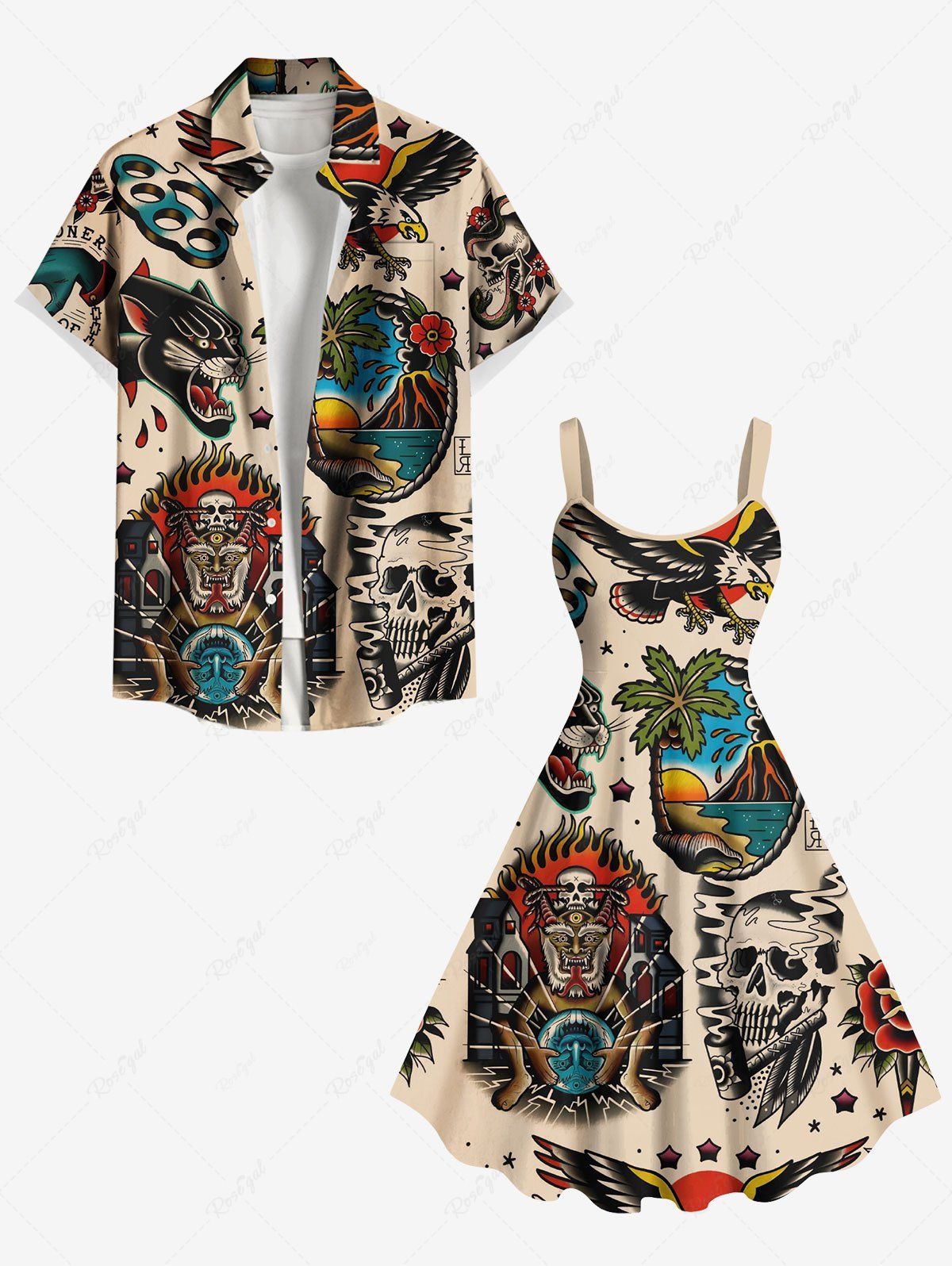 Tenue de plage hawaïenne assortie grande taille pour couples, motif cocotier, hibiscus, crâne, feu, flamme, aigle café lumière 