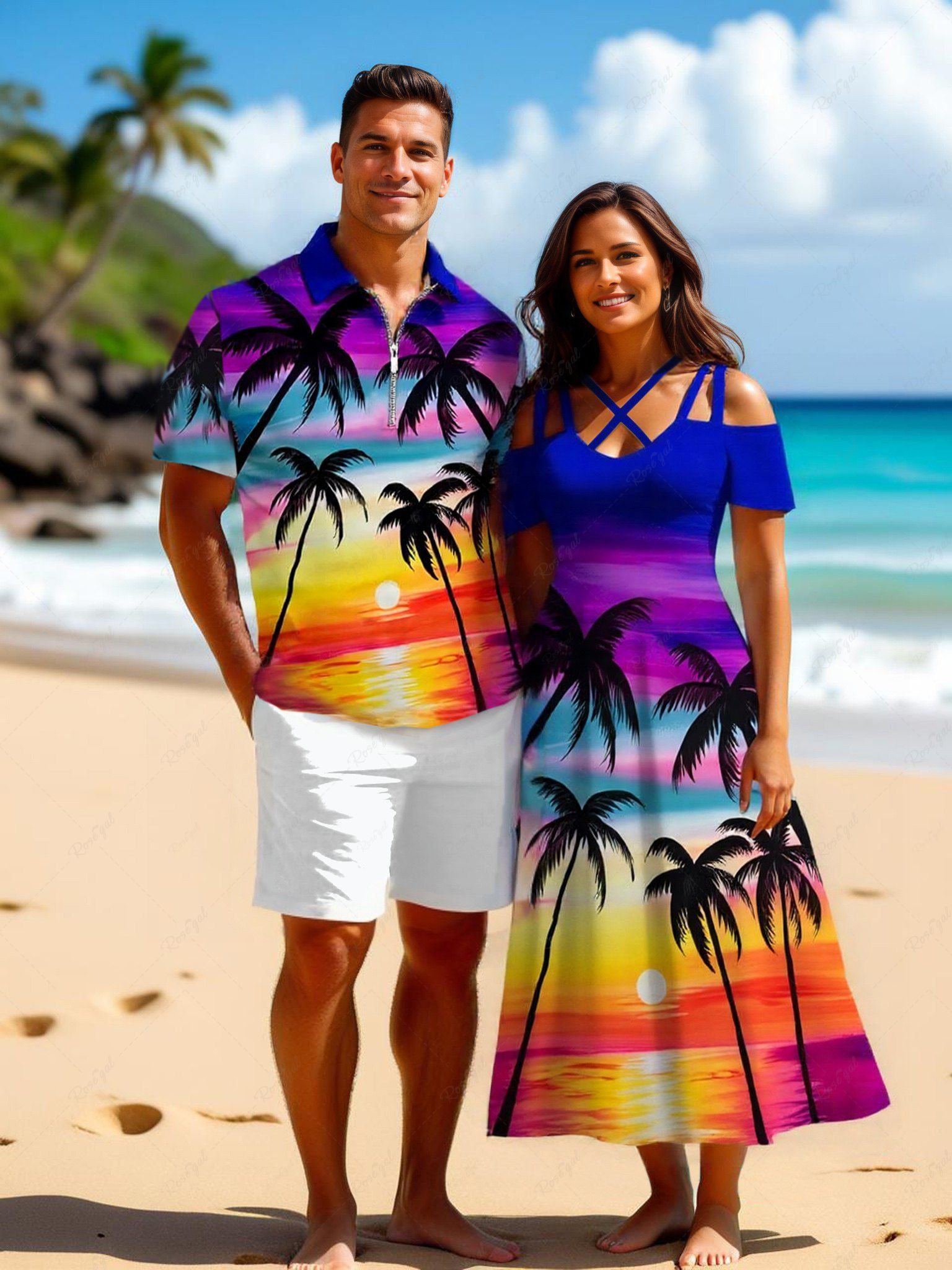 Contrastant Imprimé Cocotier et Soleil Grande Taille pour la Plage Multi-A 