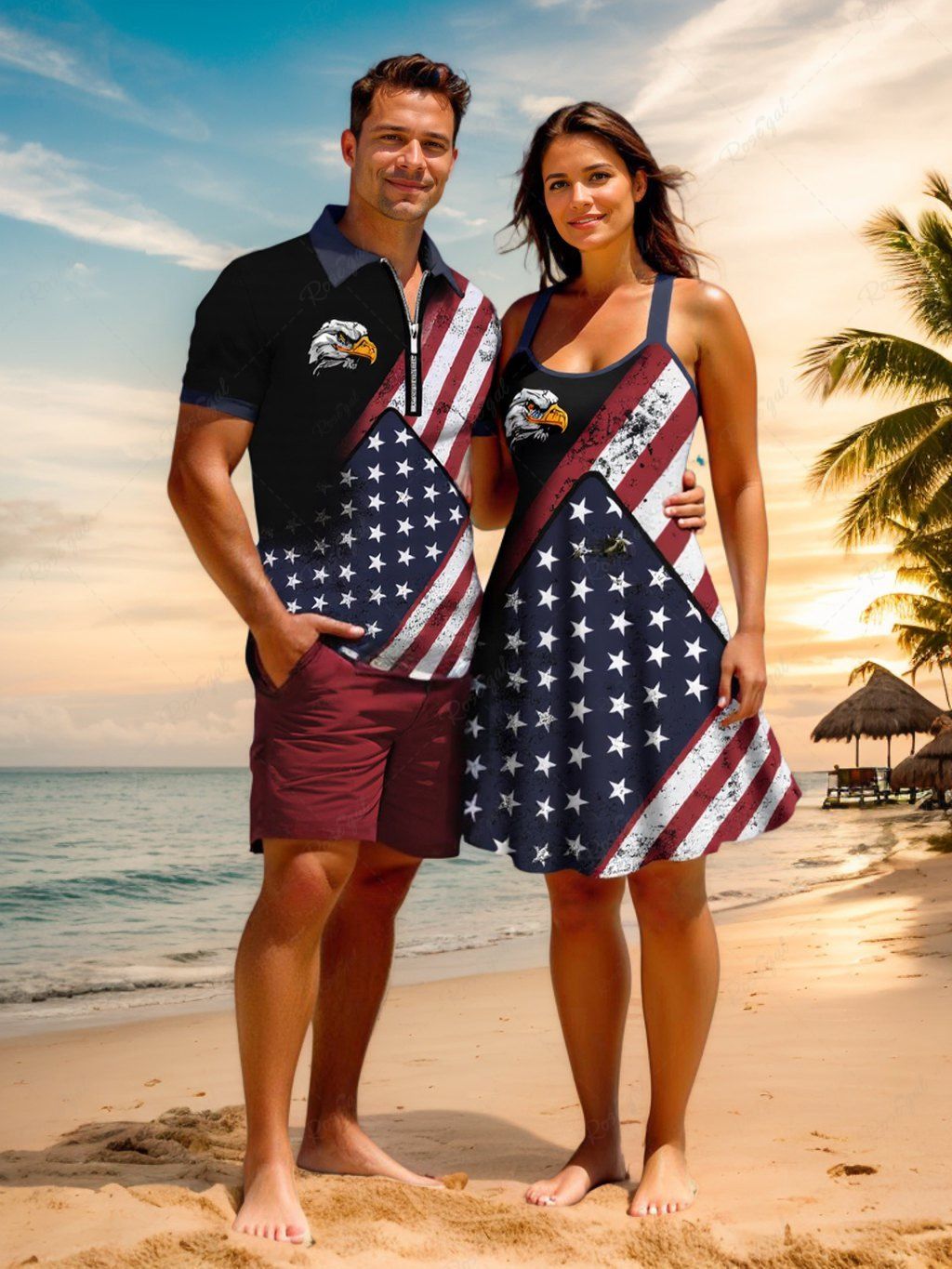 Fashion Patriotic American Flag Eagle Print Plus Size Matching Outfit For Couples  