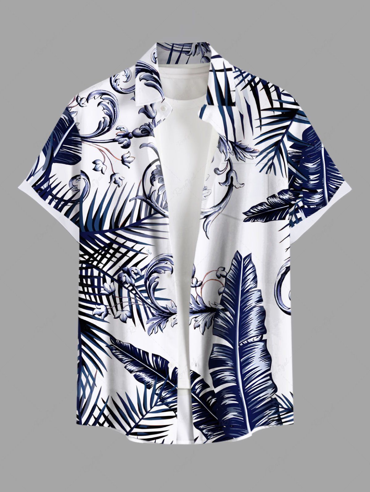 New Plus Size Tropical Leaf Flower Print Hawaii Button Pocket Shirt For Men  