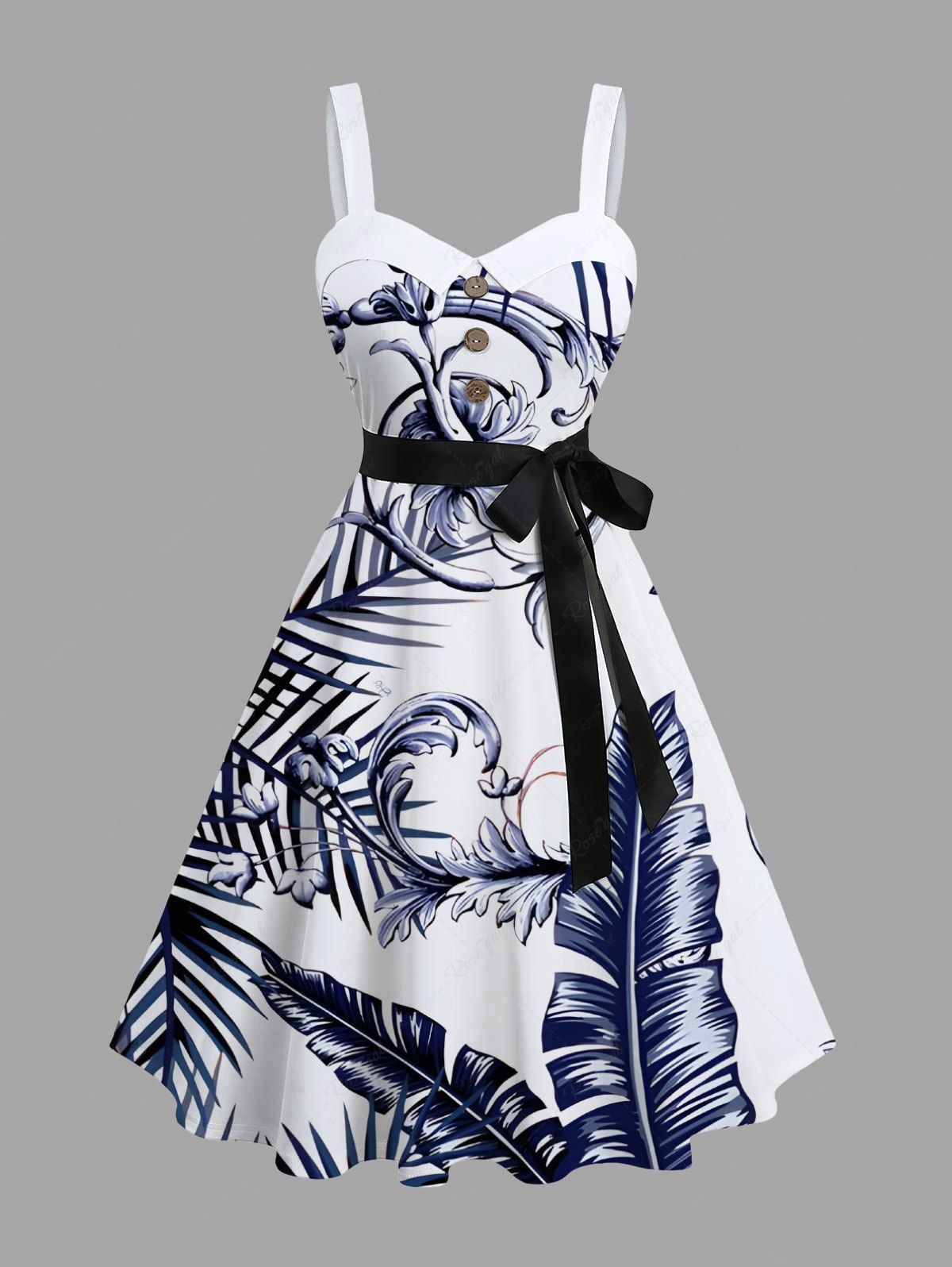 Sale Plus Size Tropical Leaf Flower Print Hawaii Button A Line Tank Dress with Removable Belt  