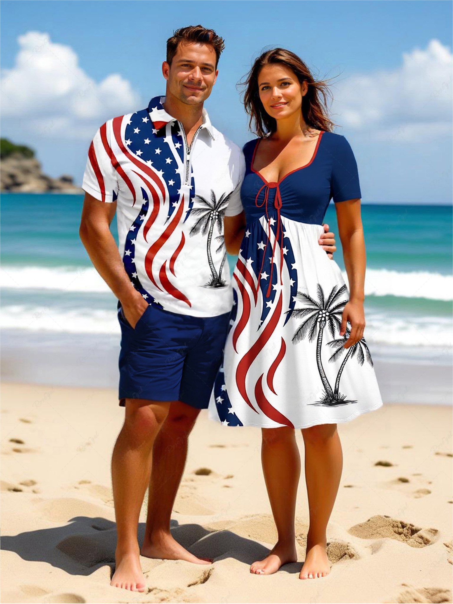 Hot Patriotic American Flag Coconut Tree Print Plus Size Matching Hawaii Beach Outfit For Couples  