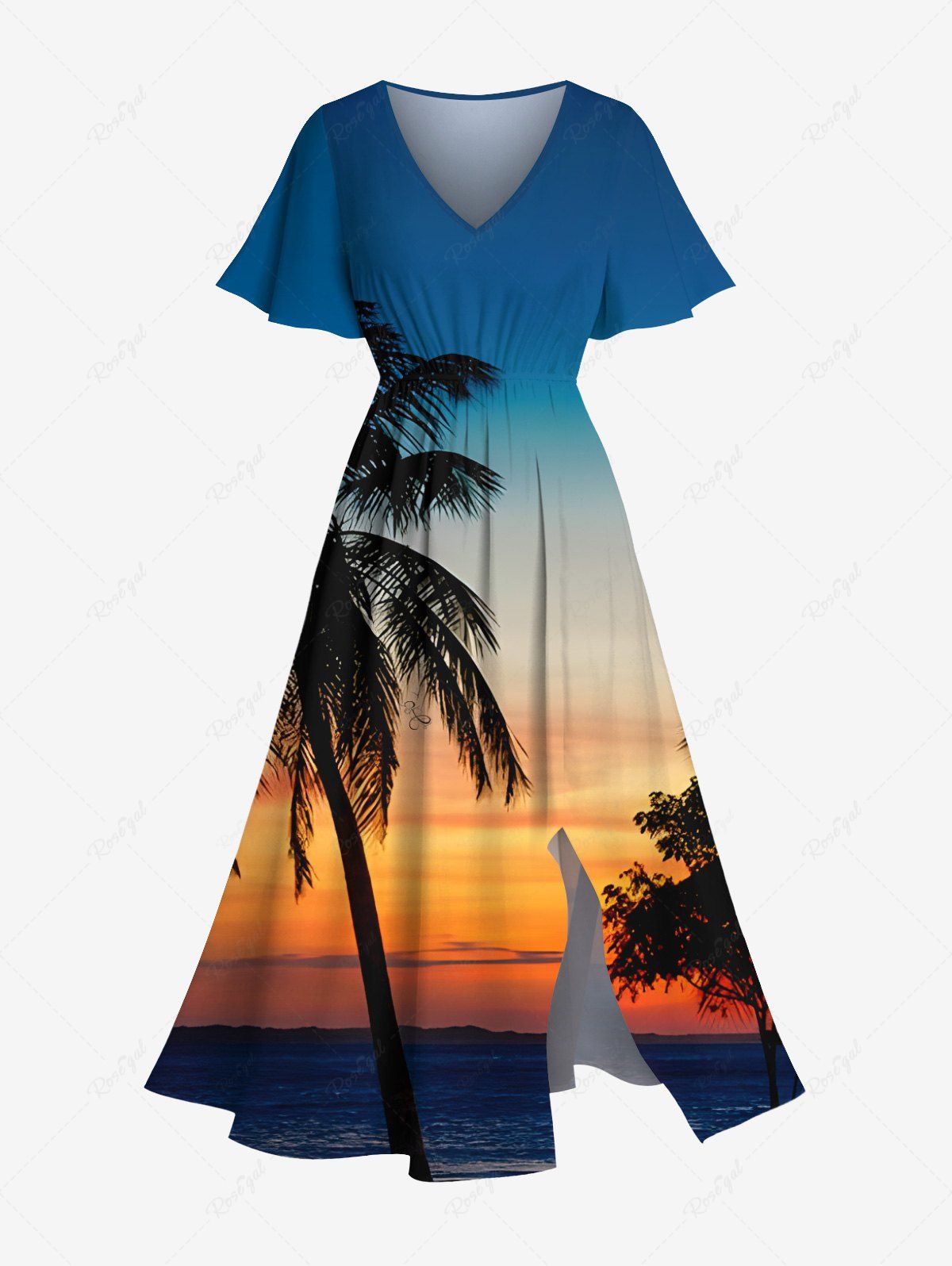 Hot Plus Size Coconut Tree Ombre Dusk Print Hawaii Split Pocket A Line Midi Dress  
