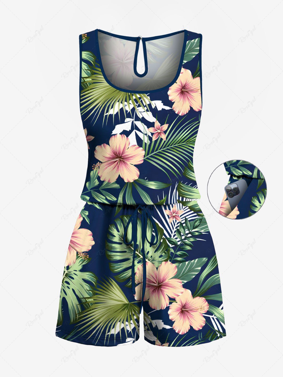 Combinaison hawaïenne grande taille à imprimé feuilles tropicales et fleurs avec cordon de serrage et poches Noir 6X