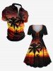 Tenue de plage hawaïenne assortie grande taille à imprimé cocotier et crépuscule pour couples - Noir 