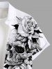 Chemise grande taille à boutons et poches pour homme, avec imprimé tête de mort et roses - Blanc 4XL