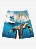 Plus Size Coconut Tree Sun Sea Turtle Print Hawaii Sea Creatures Drawstring Beach Shorts For Men -  