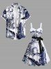 Plus Size Tropical Leaf Flower Print Hawaii Button A Line Tank Dress with Removable Belt -  