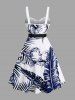 Plus Size Tropical Leaf Flower Print Hawaii Button A Line Tank Dress with Removable Belt -  