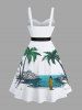 Plus Size Coconut Tree Sea Print Hawaii Button A Line Dress with Removable Belt -  