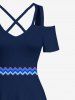 Plus Size Tropical Leaf Zig Zag Print Hawaii Cold Shoulder Crisscross Strappy A Line Maxi Dress -  