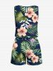Plus Size Tropical Leaf Flower Print Hawaii Drawstring Pocket Romper -  
