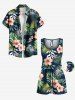 Plus Size Tropical Leaf Flower Print Hawaii Drawstring Pocket Romper -  