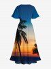 Plus Size Coconut Tree Ombre Dusk Print Hawaii Split Pocket A Line Midi Dress -  