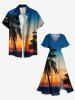 Plus Size Coconut Tree Ombre Dusk Print Hawaii Split Pocket A Line Midi Dress -  