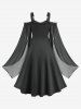 Robe débardeur trapèze grande taille à empiècements en dentelle florale, à lacets et volants, en mousseline texturée, à manches évasées et fendues - Noir 2X | US 18-20