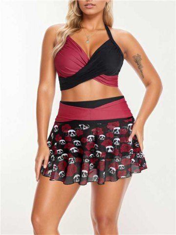 Plus Size Rose Flower Skulls Print Halter Crisscross Tie Back Bowknot Skirt Gothic 3 Piece Swimsuit - MULTI-A - 3X | US 22-24