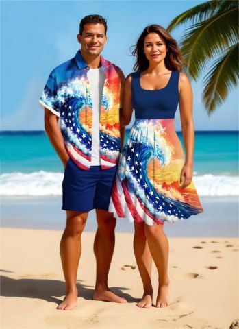 Patriotic American Flag Sea Waves Ombre Sky Print Plus Size Matching Hawaii Beach Outfit For Couples - BLUE