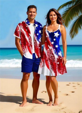 Painting Patriotic American Flag Print Plus Size Matching Outfit For Couples - RED