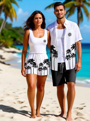 Matching Hawaii Shirt and Romper Plus Size Beach Outfit Coconut Tree Sun Printed for Couples