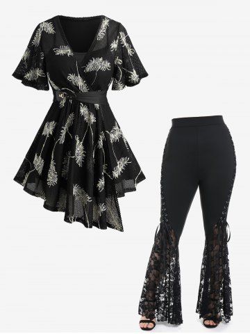 Feather Jacquard Embroidery Pointelle Hollow Out 2 in 1 Top and Lace Flare Pants with Lace-up Plus Size Outfit