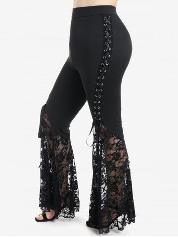 Feather Jacquard Embroidery Pointelle Hollow Out 2 in 1 Top and Lace Flare Pants with Lace-up Plus Size Outfit
