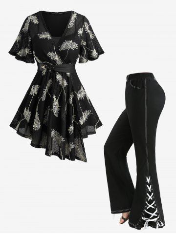 Feather Jacquard Embroidery Pointelle Hollow Out 2 in 1 Top and Lace Up Split Topstitching Flare Pants Plus Size Outfit