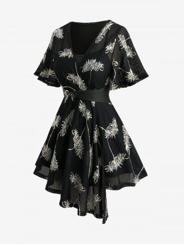 Feather Jacquard Embroidery Pointelle Hollow Out 2 in 1 Top and Lace Up Split Topstitching Flare Pants Plus Size Outfit