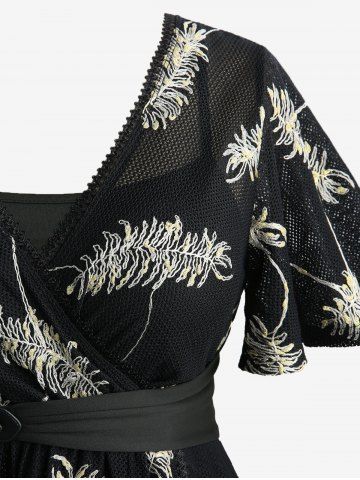 Feather Jacquard Embroidery Pointelle Hollow Out 2 in 1 Top and Lace Up Split Topstitching Flare Pants Plus Size Outfit