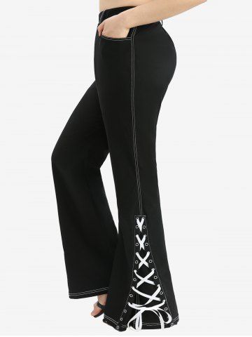 Feather Jacquard Embroidery Pointelle Hollow Out 2 in 1 Top and Lace Up Split Topstitching Flare Pants Plus Size Outfit