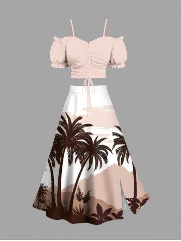 Solid Cinched Top and Coconut Tree Mountain Cloud Print Hawaii Split A Line Skirt Plus Size Matching Set