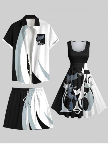 Tenue de plage hawaïenne assortie grande taille à imprimé chat et courbes pour couples