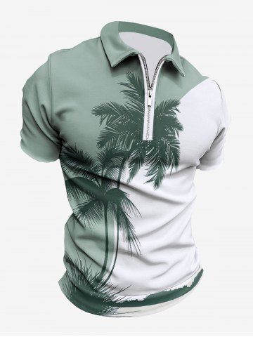 Plus Size Coconut Tree Curve Print Hawaii Half Zipper Turn-down Collar Polo Shirt For Men - GREEN - 5XL