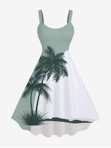 Plus Size Coconut Tree Curve Print Hawaii A Line Tank Dress - GREEN - XXS