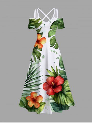 Plus Size Tropical Leaves Hibiscus Floral Print Hawaii Cold Shoulder Crisscross Strappy A Line Maxi Dress - GREEN - XXS