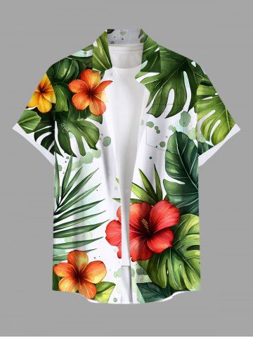 Plus Size Tropical Leaves Hibiscus Floral Print Hawaii Button Pocket Shirt For Men - GREEN - 4XL