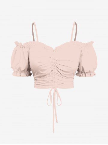 Plus Size Cold Shoulder Puff Sleeves Solid Cinched Ruffles Top - LIGHT PINK - XS