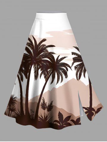 Plus Size Coconut Tree Mountain Cloud Print Hawaii Split A Line Skirt - COFFEE - L