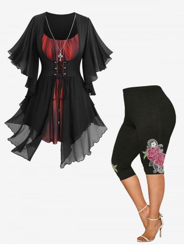 Lace Up Cross Ombre Asymmetrical Butterfly Sleeves T-shirt and Rose Print Capri Leggings Plus Size Outfit - BLACK