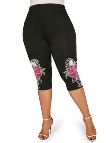 Lace Up Cross Ombre Asymmetrical Butterfly Sleeves T-shirt and Rose Print Capri Leggings Plus Size Outfit