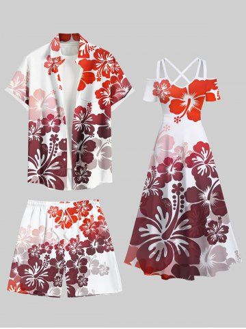 Tenue de plage hawaïenne assortie grande taille à imprimé tropical et fleurs d'hibiscus pour couples