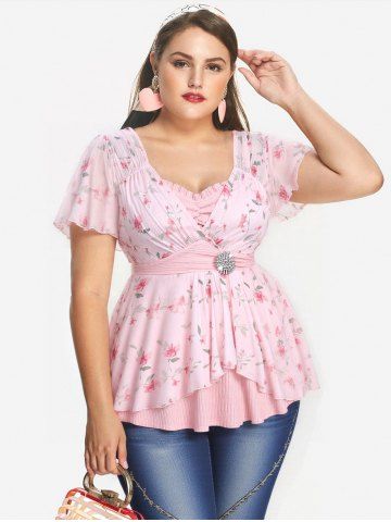 Plus Size Rose Flower Print Mesh Tulip Hem Buckle Ruffles Ruched Surplie Ribbed Textured 2 In 1 Top - LIGHT PINK - 1X | US 14-16