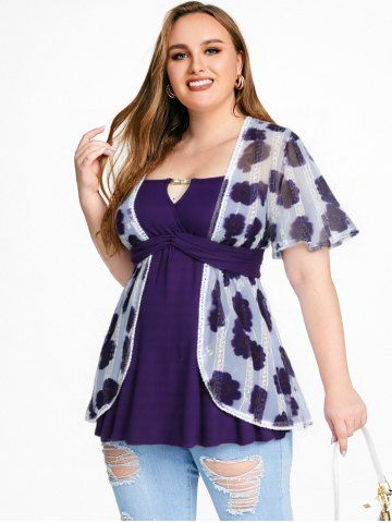 Plus Size Tie Dye Floral Print Mesh Jacquard Embroidered Keyhole Belted 2 in 1 Top - PURPLE - M | US 10