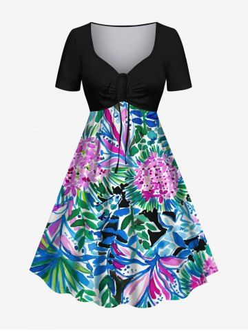 Plus Size Ink Painting Tropical Leaf Flowers Print Cinched Hawaii Dress - MULTI-E - M