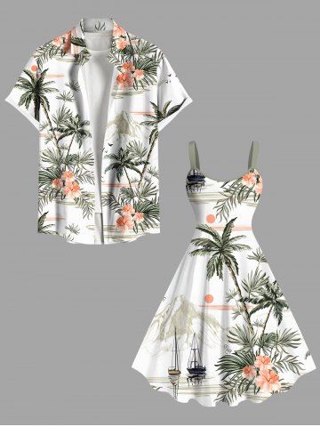 Coconut Tree Tropical Leaf Hibiscus Flower Print Plus Size Matching Hawaii Beach Outfit For Couples - WHITE