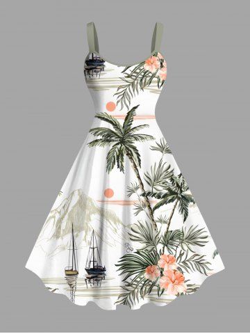 Plus Size Coconut Tree Tropical Leaf Hibiscus Flower Print Hawaii Tank Dress - WHITE - XXS